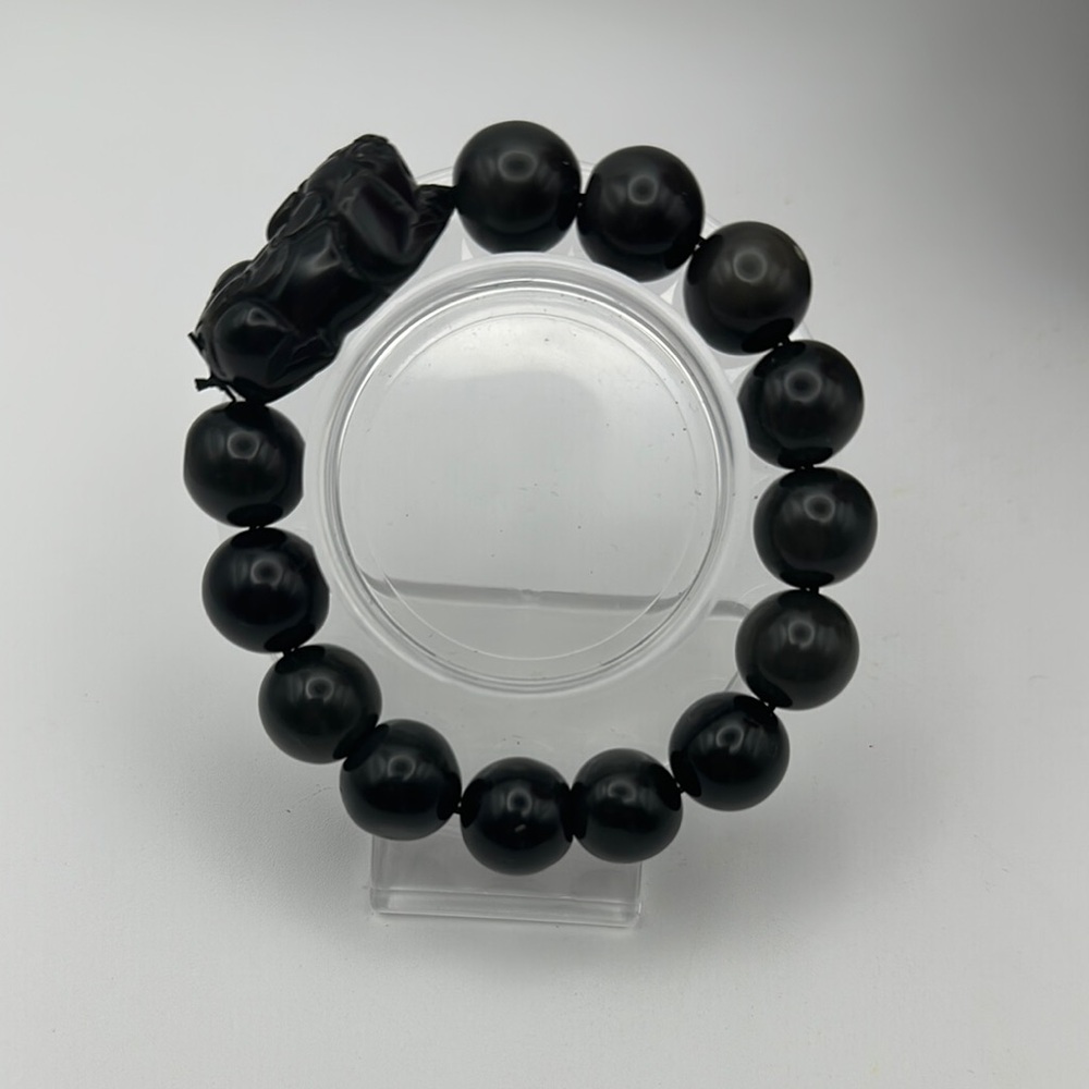 Silver Sheen Black Obsidian Beaded Bracelet with Pixiu Bead - Picture 7 of 15